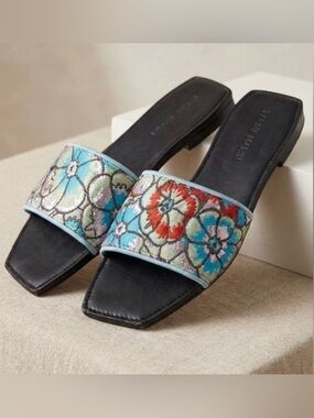 Parme Marin Lago Slide Sandals Size 9 Floral Brocade Square Toe Handmade Morocco